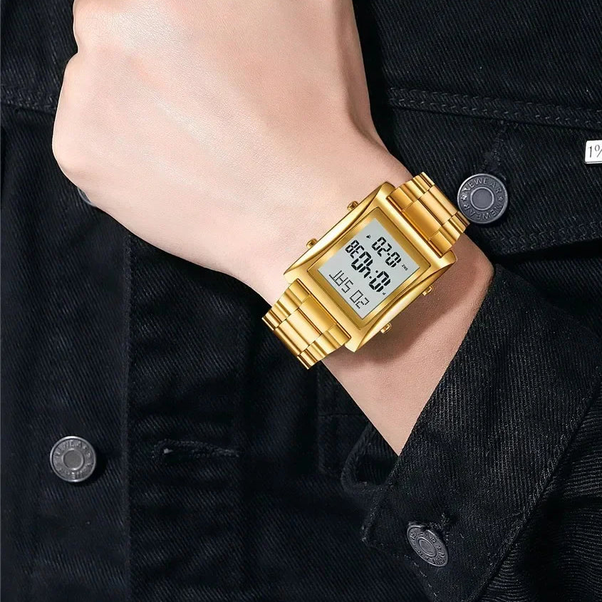 Men’s Digital Square Watch – Stainless Steel Chain, Quartz Movement, Without Box