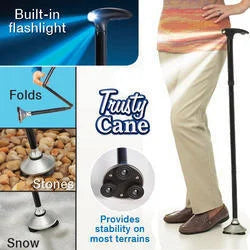 Trusty Cane – Sturdy Folding Walking Triple Head With Built In Lights – Fordable Walking Stick